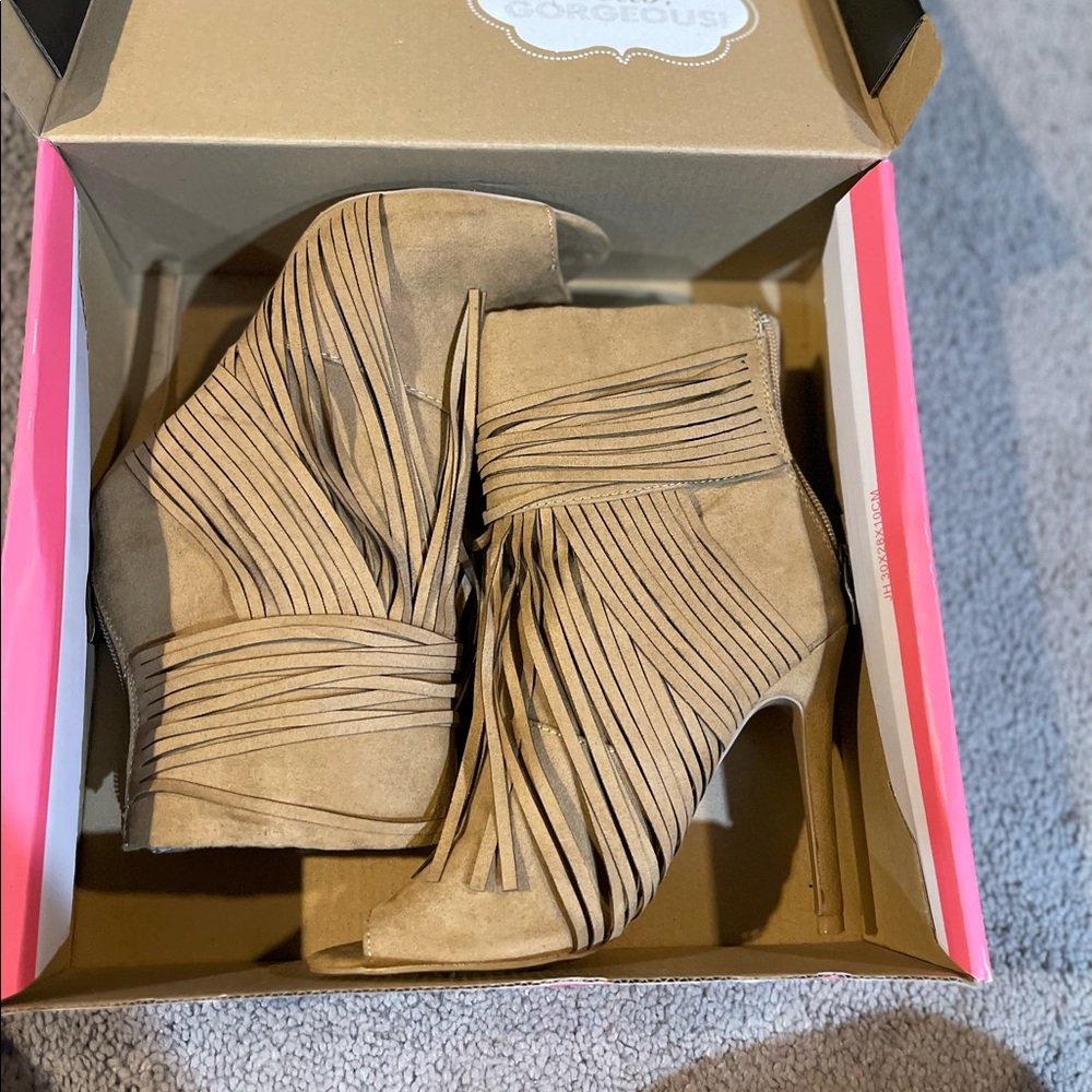 CHARLOTTE RUSSE fringe open toe bootie heels